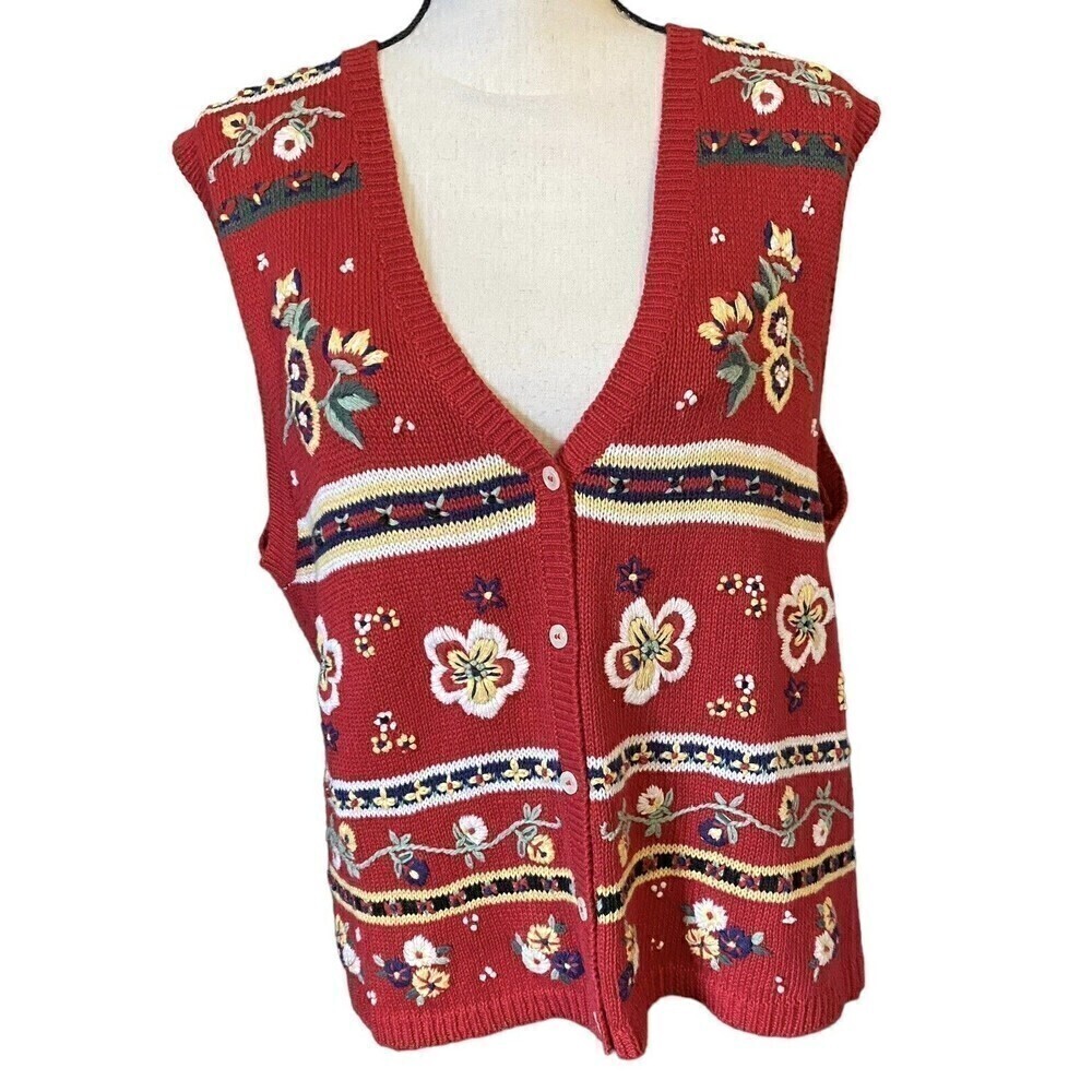 DONNKENNY Vintage Embroidered Vest Womens Size Medium 90s Red Floral Button Down - Picture 2 of 7